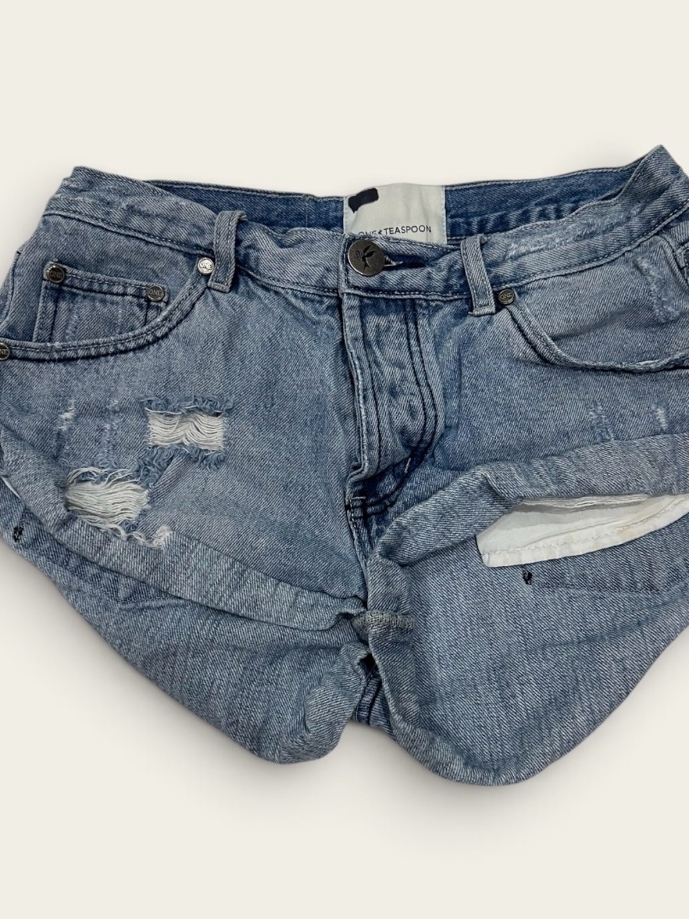 One Teaspoon Distressed Jean Shorts in Light Blue Wash